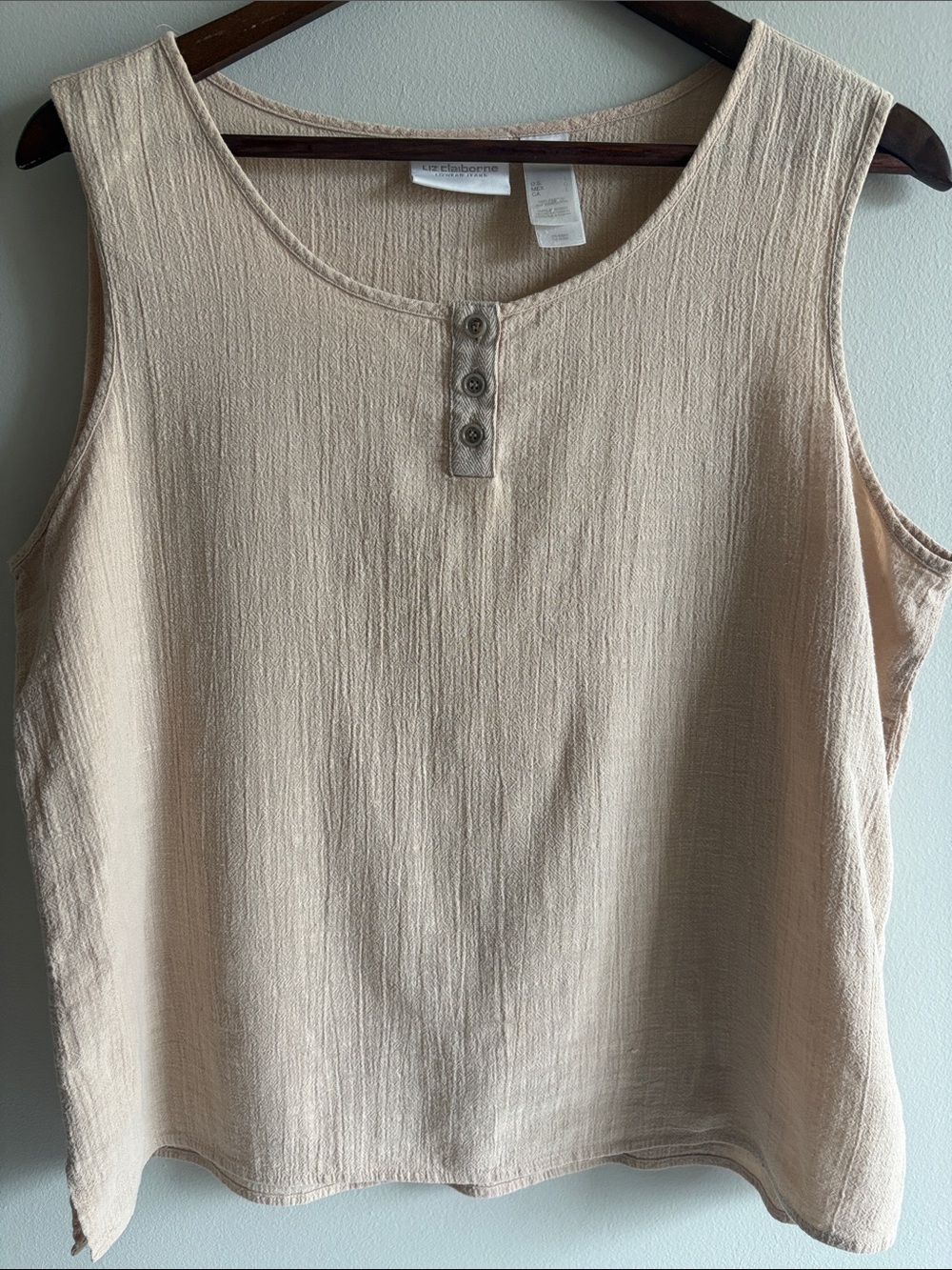 Liz Claiborne 100% Cotton Gauze Tank Top Large Beige Button Front